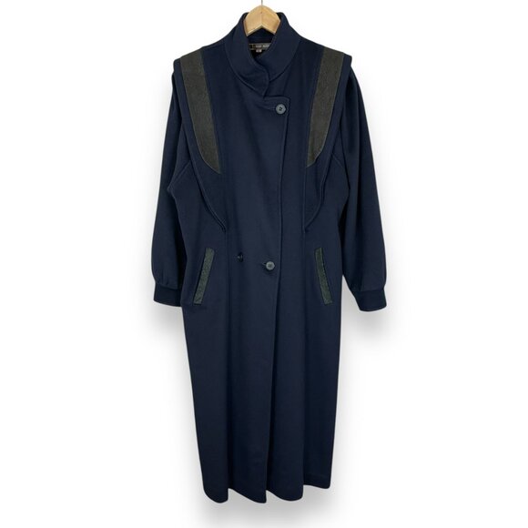 Vintage Wool Coat Long Women Blue Leather Trim‎ Snakeskin Print Mitrani Winter - Picture 16 of 16